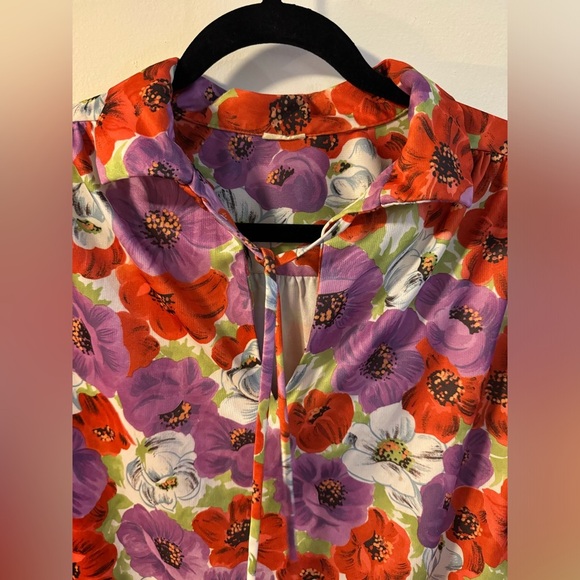 1970’s Floral Flower Power Womens Collared Blouse Bow Tie Top Medium Vintage - Picture 4 of 10